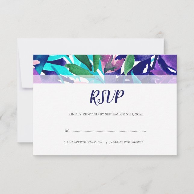 VattenfärgsBlommigt Foliage Navy Lila Aqua Bröllop OSA Kort (Framsida)