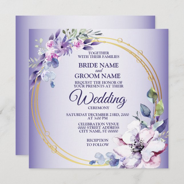 VattenfärgsBlommigt Golden Geometric Lila Bröllop Inbjudningar (Fram/baksida)