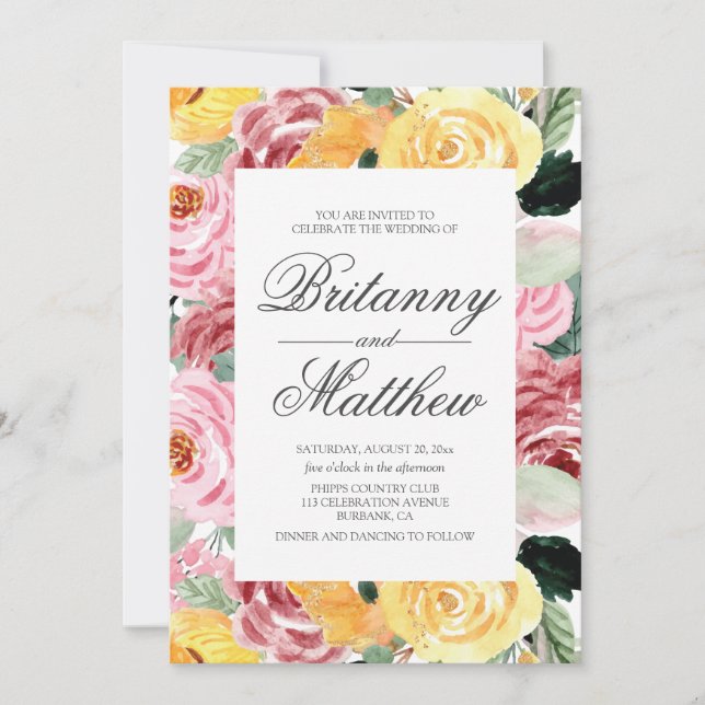 VattenfärgsBlommigt Gult Bröllop Inbjudningar (Framsida)