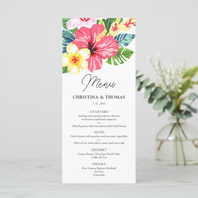 VattenfärgsBlommigt Hibiscus Tropical Bröllop Meny (Stående Fram)