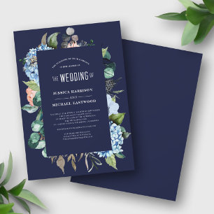 VattenfärgsBlommigt Hydrangea Navy Summer Bröllop Inbjudningar