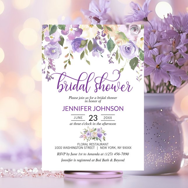 VattenfärgsBlommigt Lavender Lila Möhippa Inbjudningar (Watercolor Floral Lavender Purple Bridal Shower Invitation)