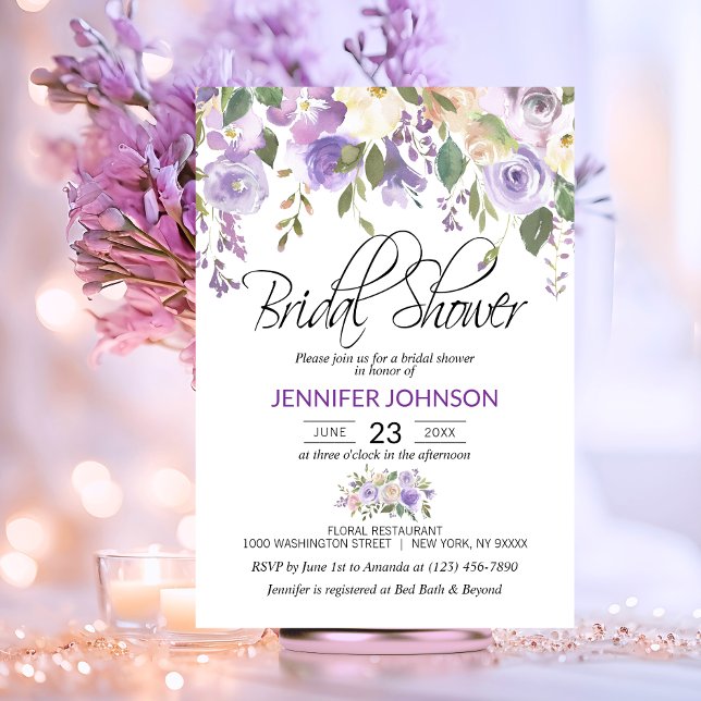VattenfärgsBlommigt Lavender Lila Möhippa Inbjudningar (Watercolor Floral Lavender Purple Bridal Shower Invitation)
