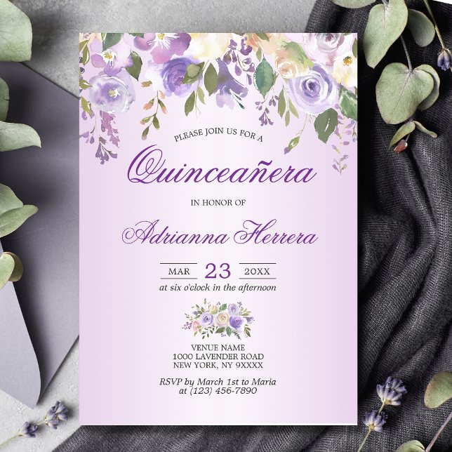 VattenfärgsBlommigt Lavender Lila Quinceañera Inbjudningar (Skapare uppladdad)
