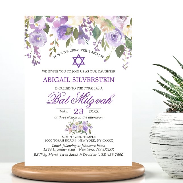 VattenfärgsBlommigt Lavender Lila Star Bat mitzvah Inbjudningar (Watercolor Floral Lavender Purple Star Bat Mitzvah Invitation)