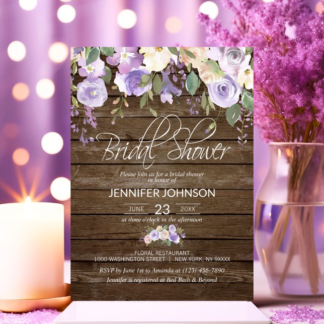 VattenfärgsBlommigt Lavender Rustic Möhippa Inbjudningar (Watercolor Floral Lavender Rustic Bridal Shower Invitation)