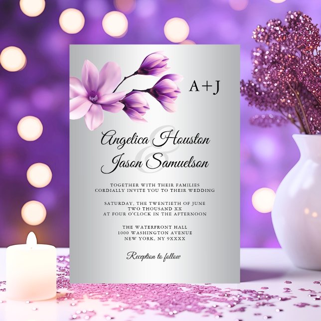 VattenfärgsBlommigt Lila Lavender Grått Bröllop Inbjudningar (Watercolor Floral Purple Lavender Grey Wedding Invitation)