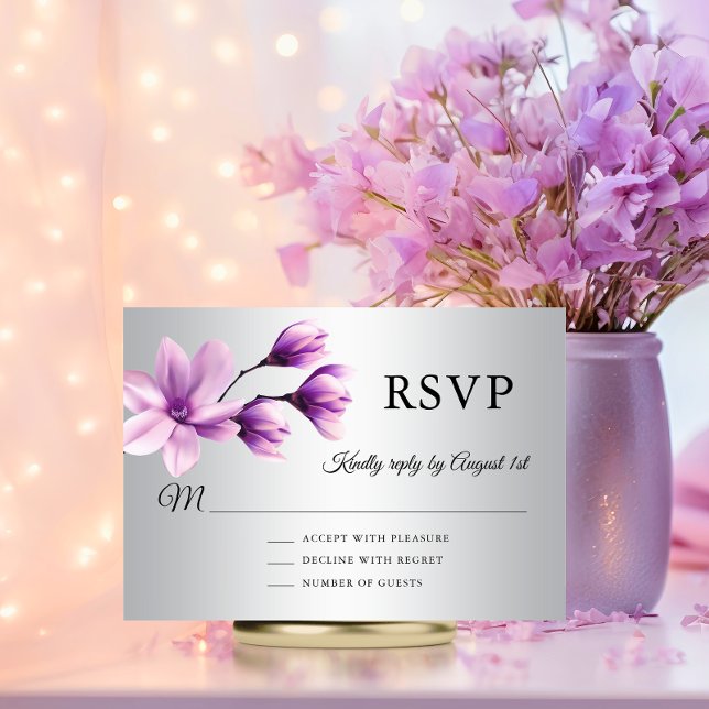 VattenfärgsBlommigt Lila Lavender Grått Bröllop OSA Kort (Watercolor Magnolia Flower Purple Lavender Grey Wedding RSVP Card)