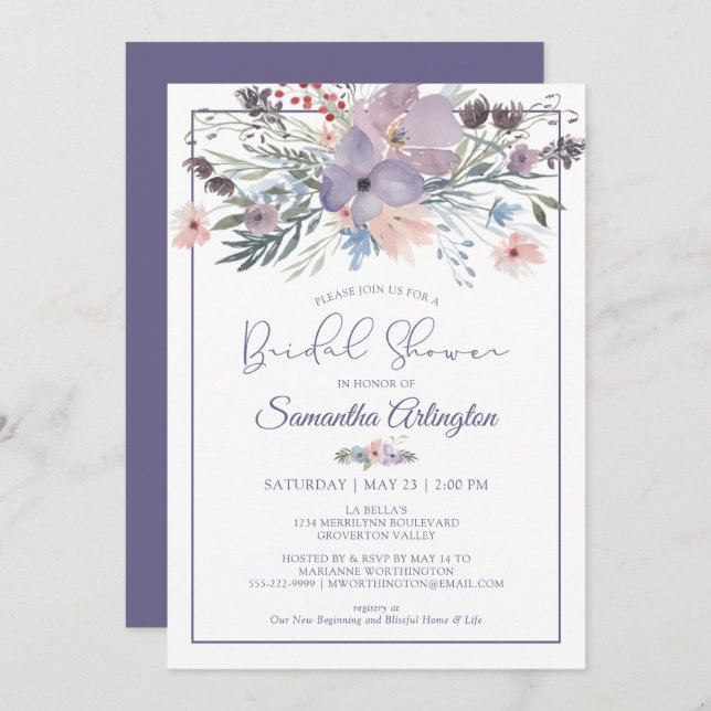 VattenfärgsBlommigt Lila Lilac Möhippa Inbjudningar (Fram/baksida)