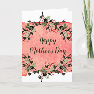 VattenfärgsBlommigt och Löv Rosa Mors dag Helgkort