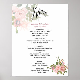 Vattenfärgsblommigt och Ro Guld Bröllop Menu Poster