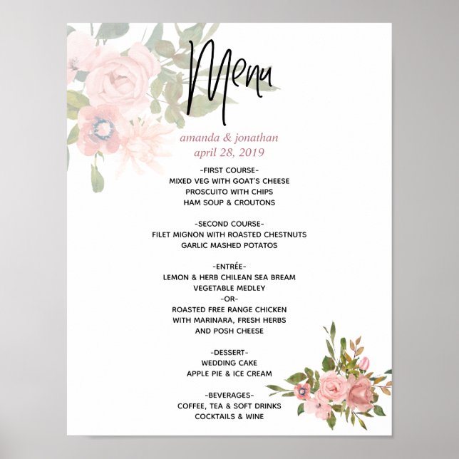 Vattenfärgsblommigt  och Ro Guld Bröllop Menu Poster (Framsidan)