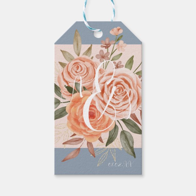 VattenfärgsBlommigt Peach Ro Dusty Blue Rosa Presentetikett (Framsidan)