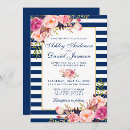 VattenfärgsBlommigt Rosa Blue Rand Bröllop B Inbjudningar