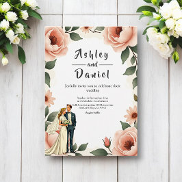 VattenfärgsBlommigt Rosa Bride & Groom Bröllop Inbjudningar