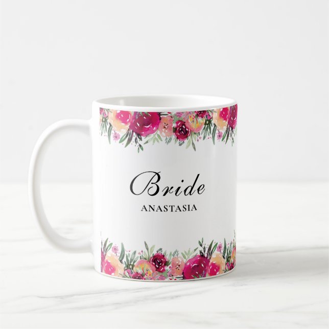 VattenfärgsBlommigt Rosa Bröllop Bride Kaffemugg (Vänster)