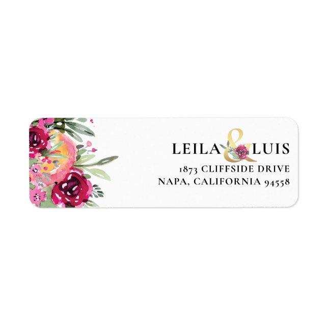 VattenfärgsBlommigt Rosa Bröllop Returadress Etikett (Framsidan)