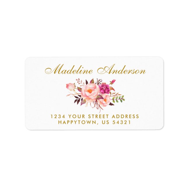 VattenfärgsBlommigt Rosa  Guld Adressetikett (Framsidan)