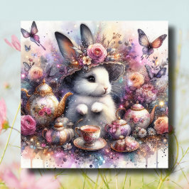 VattenfärgsBlommigt Rosa Lila Bunny Påsk Tea Julkort