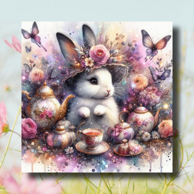 VattenfärgsBlommigt Rosa Lila Bunny Påsk Tea Julkort (Skapare uppladdad)