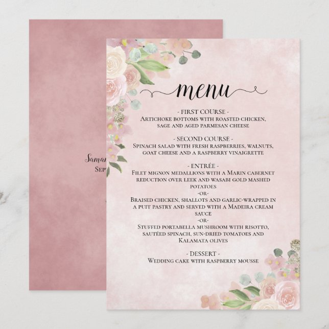 VattenfärgsBlommigt  Rosa & Mauve Bröllop Meny (Fram/baksida)