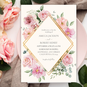 Vattenfärgsblommigt rosa och guld Bröllop Inbjudningar