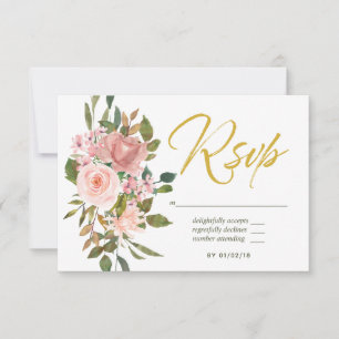 Vattenfärgsblommigt Rosa och Guld Bröllop OSA Kort