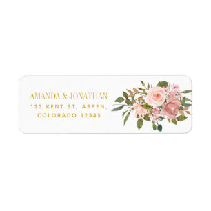 Vattenfärgsblommigt Rosa och Guld Bröllop Returadress Etikett