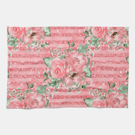 VattenfärgsBlommigt Rosa ros & Glitter Rand Kökshandduk