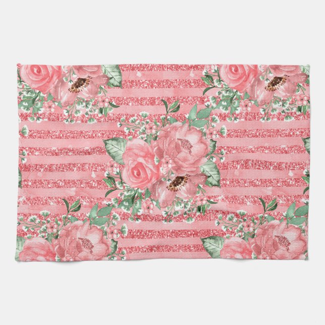 VattenfärgsBlommigt Rosa ros & Glitter Rand Kökshandduk (Horisontell)