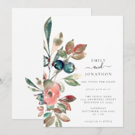VattenfärgsBlommigt Rosa Teal Botanical Bröllop Inbjudningar