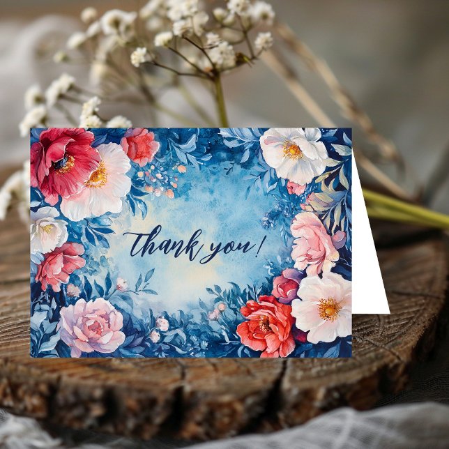VattenfärgsBlommigtar Rosa Blå ANPASSNINGSBAR Tack Kort (Watercolor Florals Pink Blue CUSTOM Thank You Card
)