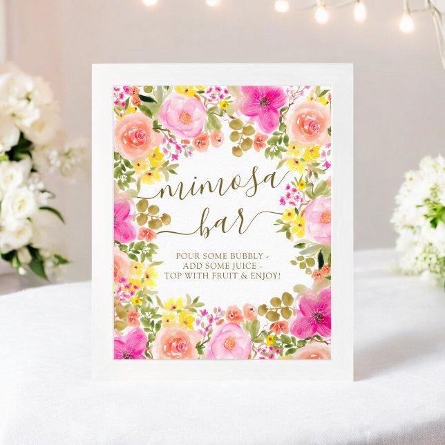 VattenfärgsBlommigten Mimosa Pub möhippa Poster (Watercolor Floral Mimosa Bar bridal shower Poster)