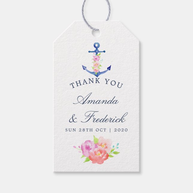VattenfärgsBlommigten Nautical Bröllop Tack Presentetikett (Framsidan)