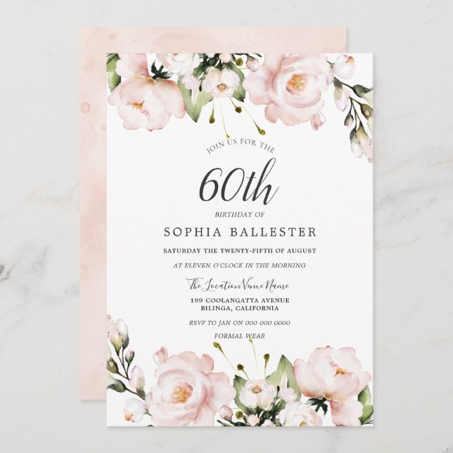  vattenfärgsblommor 60:e Födelsedagsfesten Inbjudningar (Fram/baksida)