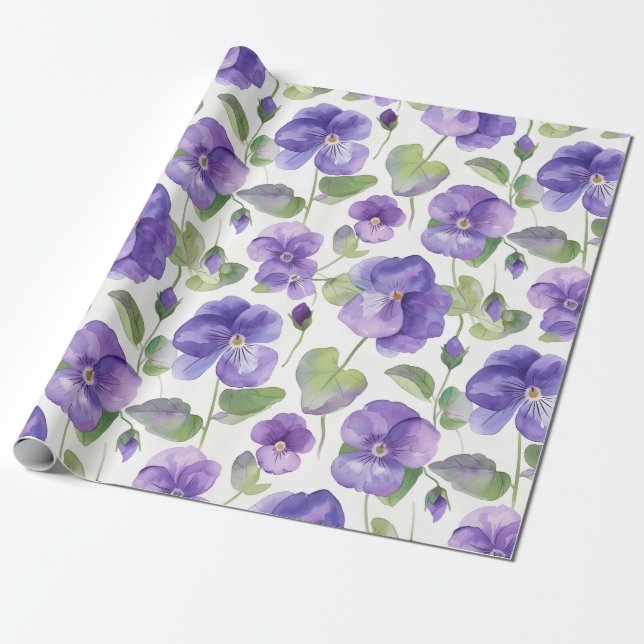 Vattenfärgsblommor av Lila Pansy-typ i Stil Presentpapper (Utrullad)