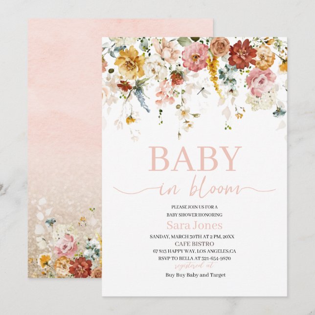 Vattenfärgsblommor Baby i blomman Baby Shower Invi Inbjudningar (Fram/baksida)