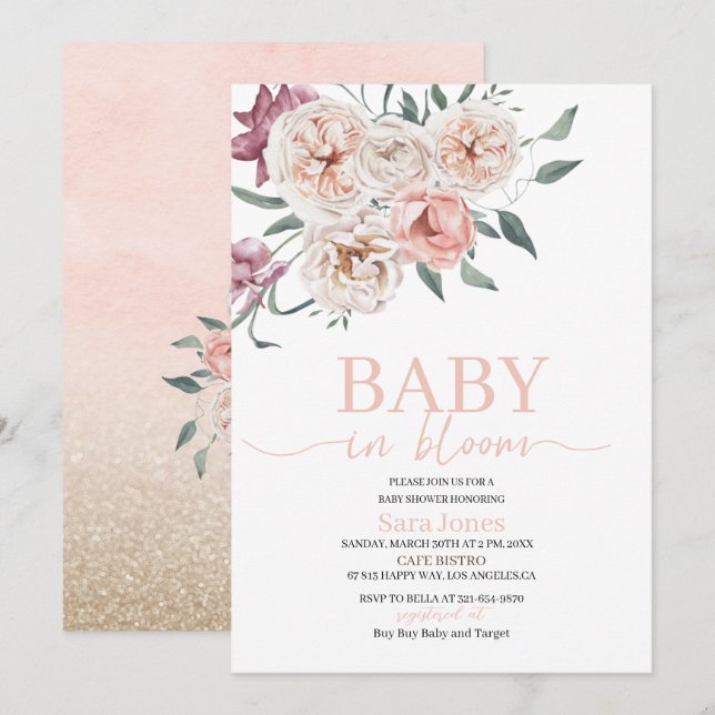 Vattenfärgsblommor Baby i blomman Babyskor Inbjudningar (Fram/baksida)