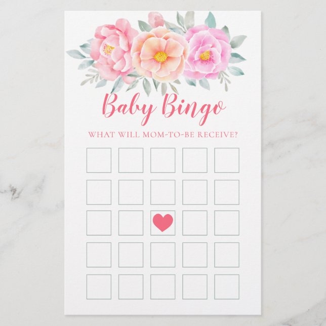 Vattenfärgsblommor Baby Shower Game Baby Bingo (Framsida)