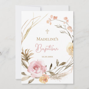vattenfärgsblommor Baptism rosa beige blommor Bapt Inbjudningar
