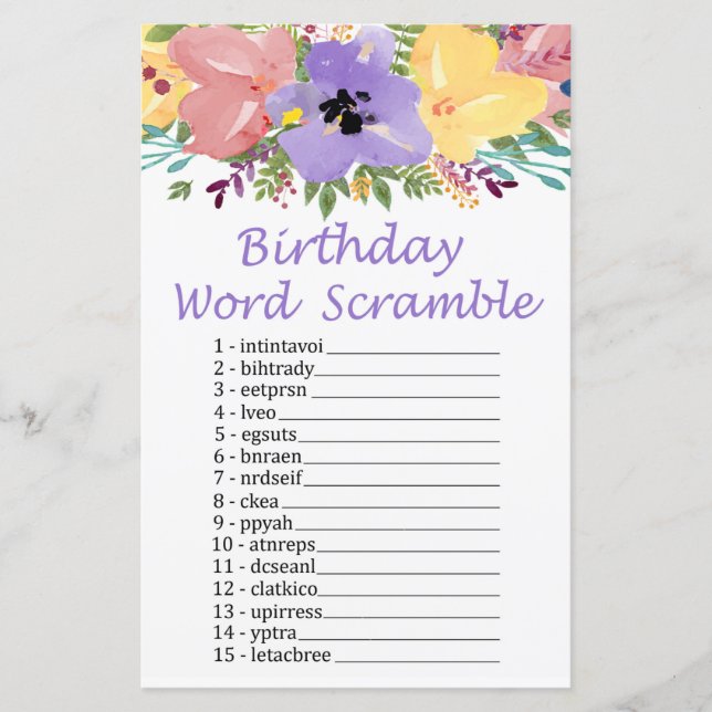 Vattenfärgsblommor BIRTHDAY ORD SCRAMBLE-spel (Framsida)