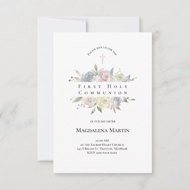 Vattenfärgsblommor blek First Communion Inbjudningar (Framsida)