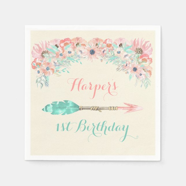 Vattenfärgsblommor Blommor Rosa Peach Mint Pappersservett (Framsidan)