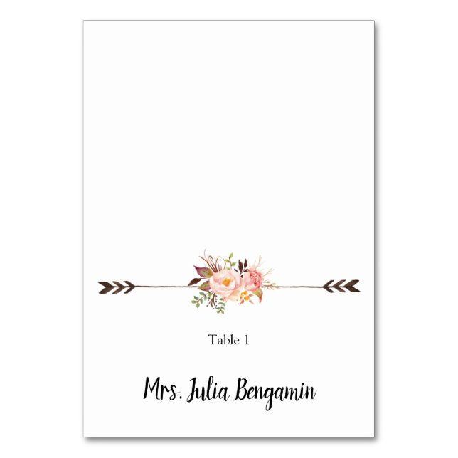 Vattenfärgsblommor Bohemian Bröllop-platskort Bordsnummer (Framsidan)