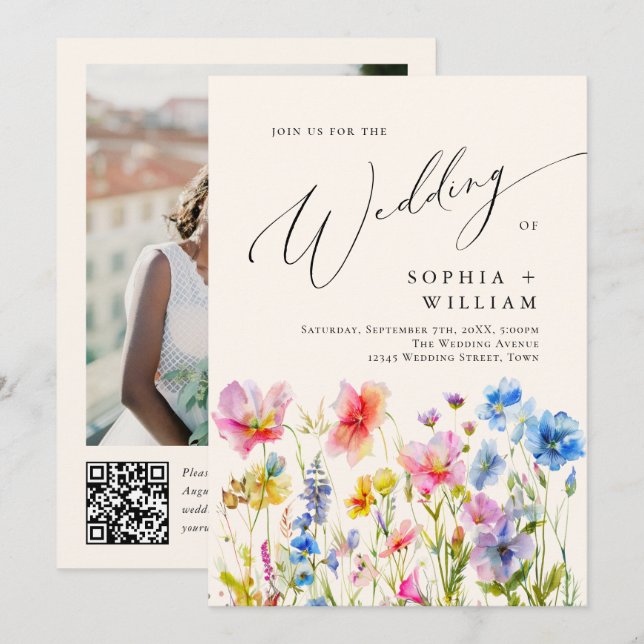 Vattenfärgsblommor Bröllop-fotokod för Vild QR-kod Inbjudningar (Fram/baksida)