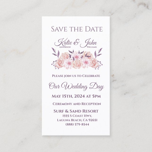 Vattenfärgsblommor-Bröllop-Rosa-Spara datum Visitkort (Framsida)