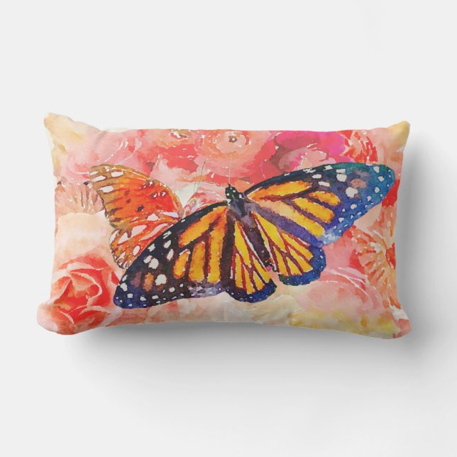 Vattenfärgsblommor & Bukt och monarch Butterflies Lumbarkudde (Framsida)