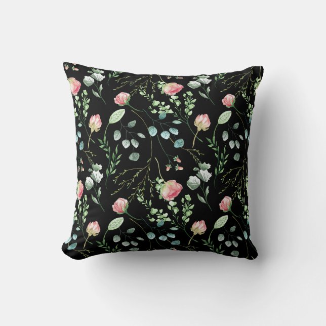  vattenfärgsblommor chic mönster svart kudde (Framsida)