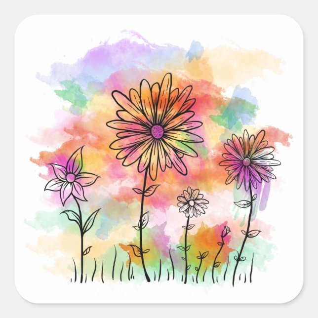 vattenfärgsblommor doodla fyrkantigt klistermärke (Framsida)