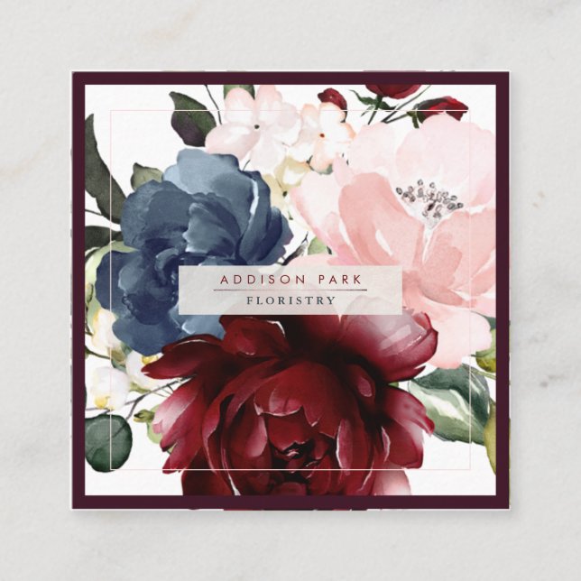 Vattenfärgsblommor Dusty Blue Burgundy  Fyrkantigt Visitkort (Framsida)